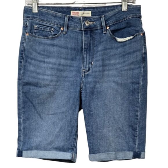 Levi's Women's Mid-rise Bermuda Stretch Pockets Cuffed Distressed Denim Shorts - Picture 1 of 8